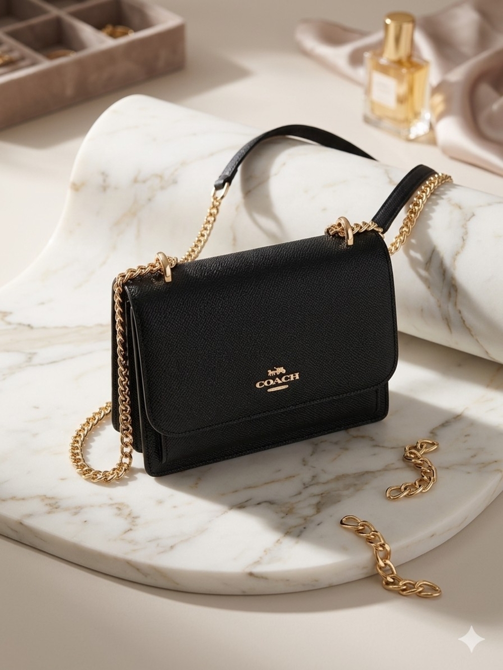 Coach Black Leather Crossbody with Gold Chain Strap